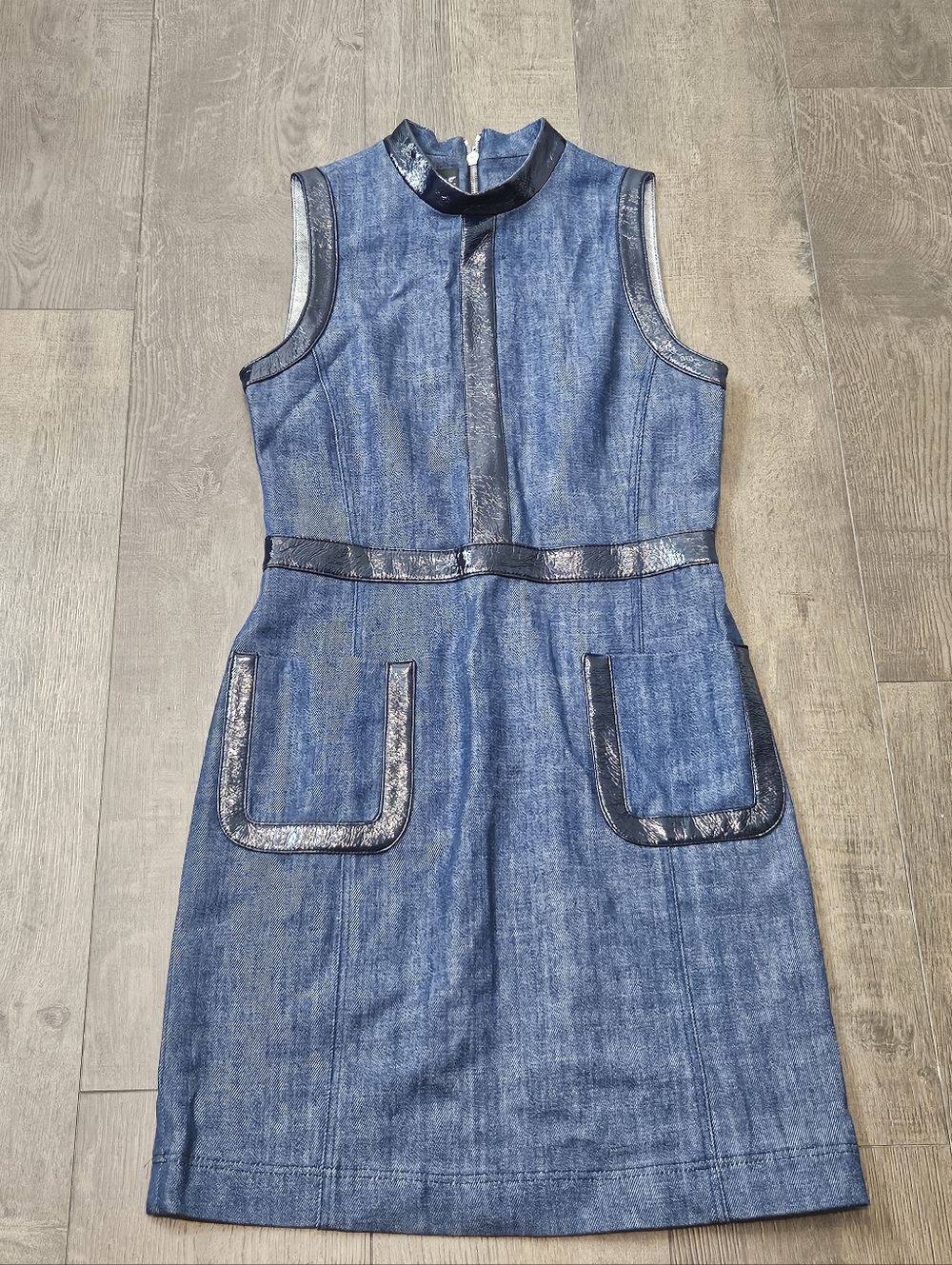 Moschino Boutique Denim Patent Leather Contrast Trim Pocket Shift